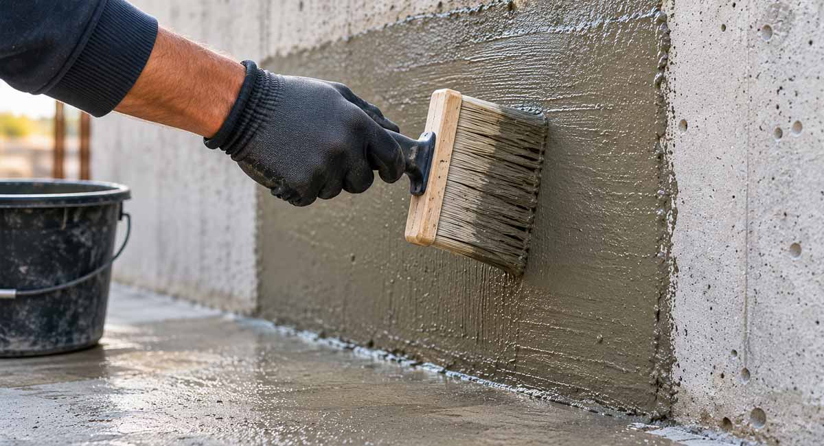 Applicazione di rivestimento cementizio impermeabilizzante su parete in calcestruzzo